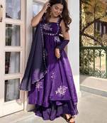 women's shimmer silk embroidered anarkali kurta palazzo with dupatta set