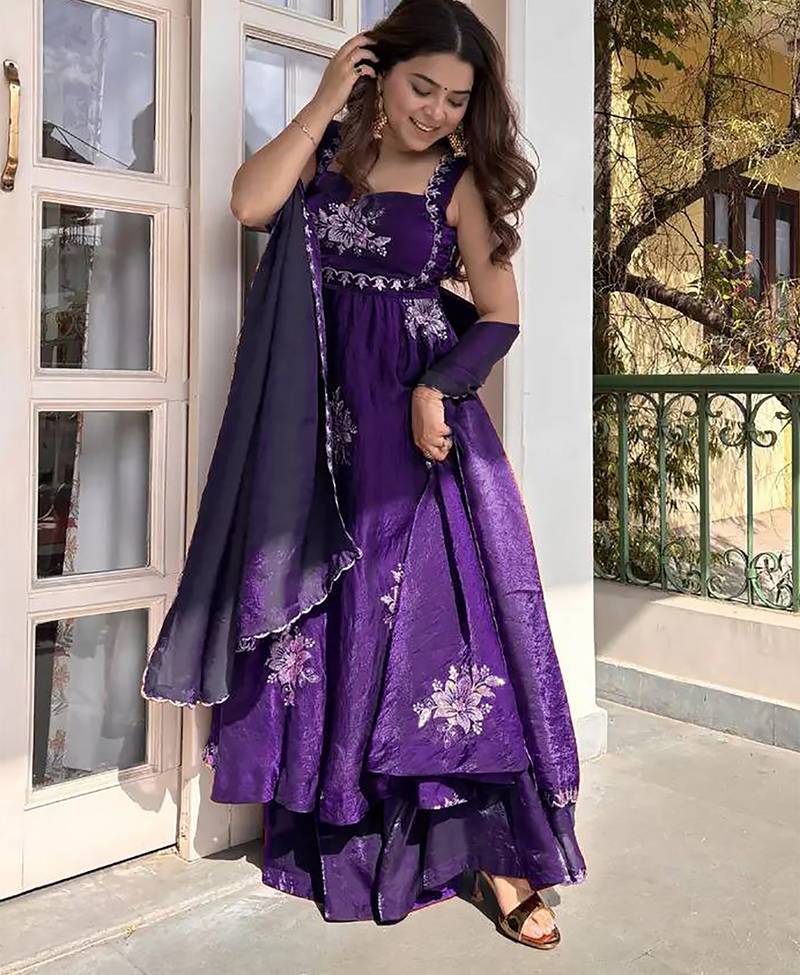 women's shimmer silk embroidered anarkali kurta palazzo with dupatta set