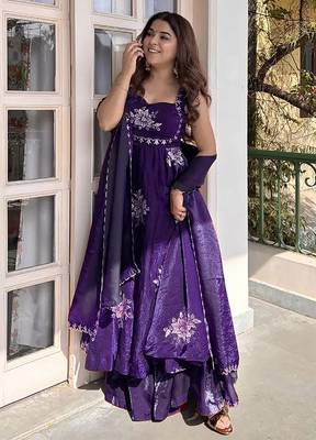 women's shimmer silk embroidered anarkali kurta palazzo with dupatta set 3