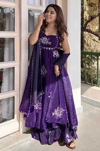 women's shimmer silk embroidered anarkali kurta palazzo with dupatta set