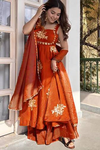 women's shimmer silk embroidered anarkali kurta palazzo with dupatta set
