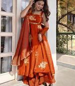 women's shimmer silk embroidered anarkali kurta palazzo with dupatta set