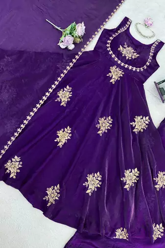 women's shimmer silk embroidered anarkali kurta palazzo with dupatta set