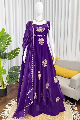 women's shimmer silk embroidered anarkali kurta palazzo with dupatta set