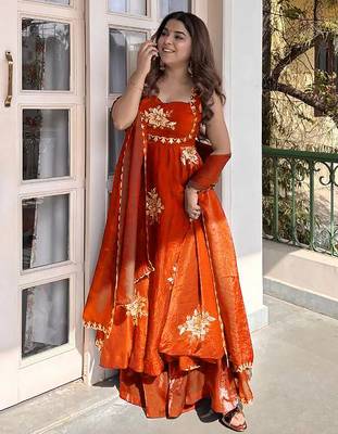 women's shimmer silk embroidered anarkali kurta palazzo with dupatta set 3