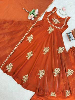 women's shimmer silk embroidered anarkali kurta palazzo with dupatta set 4