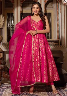 women's chanderi woven motiff anarkali kurta pant with dupatta set 1