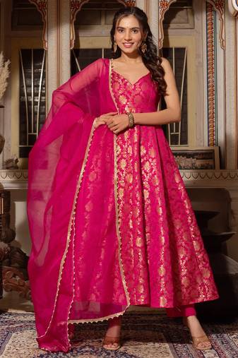 women's chanderi woven motiff anarkali kurta pant with dupatta set