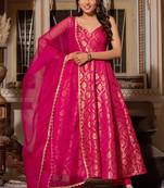 women's chanderi woven motiff anarkali kurta pant with dupatta set