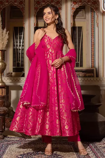 women's chanderi woven motiff anarkali kurta pant with dupatta set