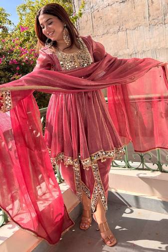 women's shimmer silk mirror embroidered salwar suit with dupatta set