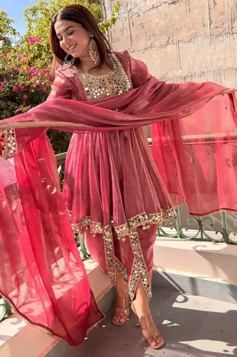 women's shimmer silk mirror embroidered salwar suit with dupatta set