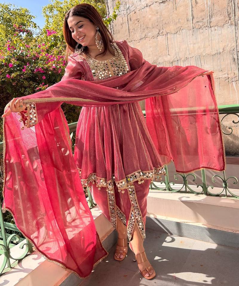 women's shimmer silk mirror embroidered salwar suit with dupatta set