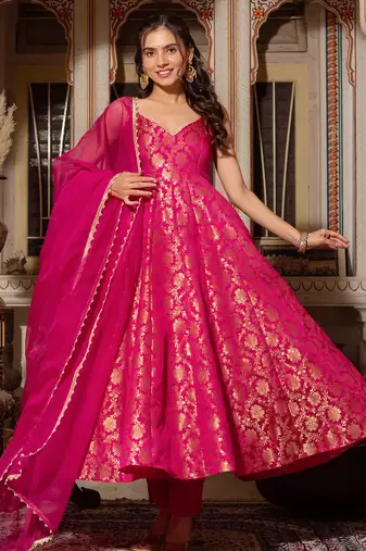 women's chanderi woven motiff anarkali kurta pant with dupatta set