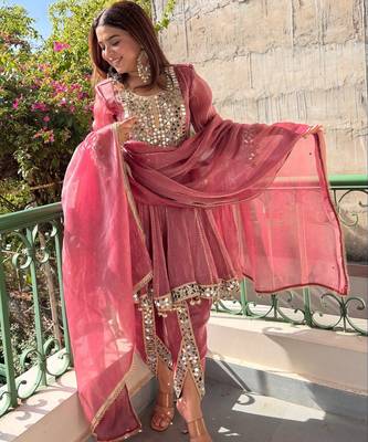 women's shimmer silk mirror embroidered salwar suit with dupatta set 2
