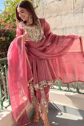 women's shimmer silk mirror embroidered salwar suit with dupatta set