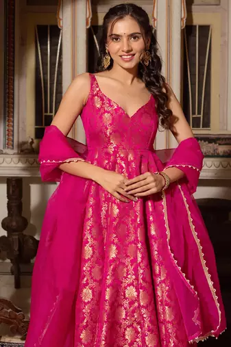 women's chanderi woven motiff anarkali kurta pant with dupatta set