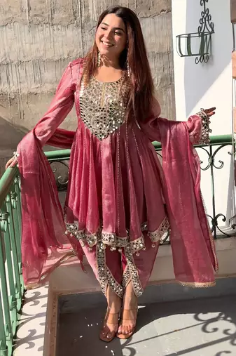 women's shimmer silk mirror embroidered salwar suit with dupatta set