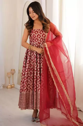 women's chanderi woven motiff anarkali kurta pant with dupatta set