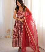 women's chanderi woven motiff anarkali kurta pant with dupatta set