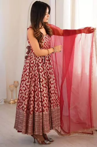 women's chanderi woven motiff anarkali kurta pant with dupatta set