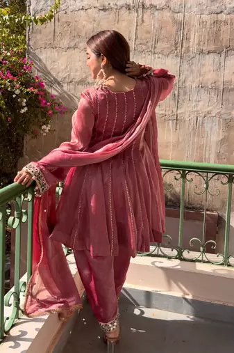women's shimmer silk mirror embroidered salwar suit with dupatta set