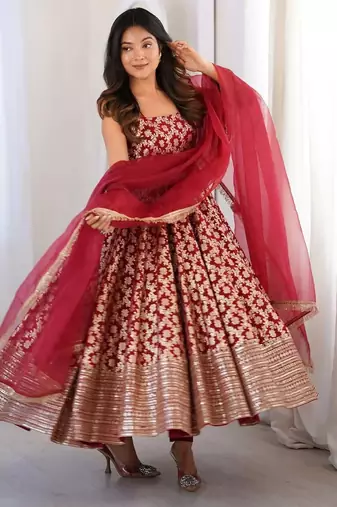 women's chanderi woven motiff anarkali kurta pant with dupatta set