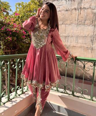women's shimmer silk mirror embroidered salwar suit with dupatta set 5