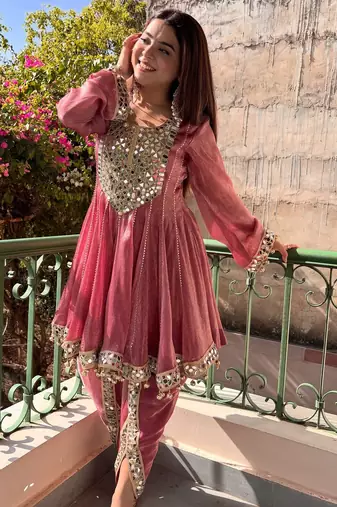 women's shimmer silk mirror embroidered salwar suit with dupatta set