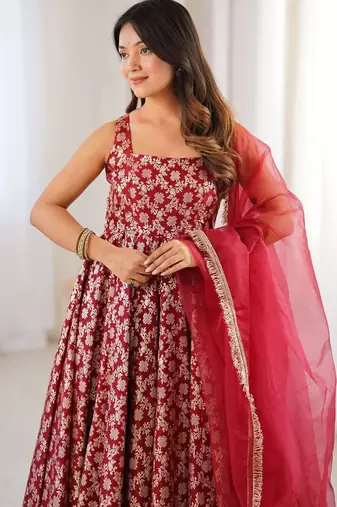 women's chanderi woven motiff anarkali kurta pant with dupatta set