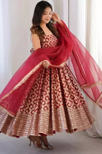 women's chanderi woven motiff anarkali kurta pant with dupatta set