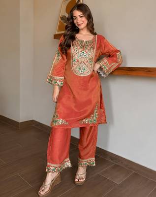 women's shimmer silk embroidered kurta palazzo set 1