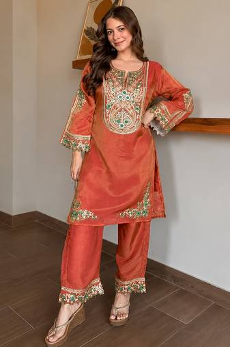 women's shimmer silk embroidered kurta palazzo set