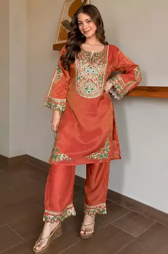 women's shimmer silk embroidered kurta palazzo set