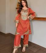 women's shimmer silk embroidered kurta palazzo set