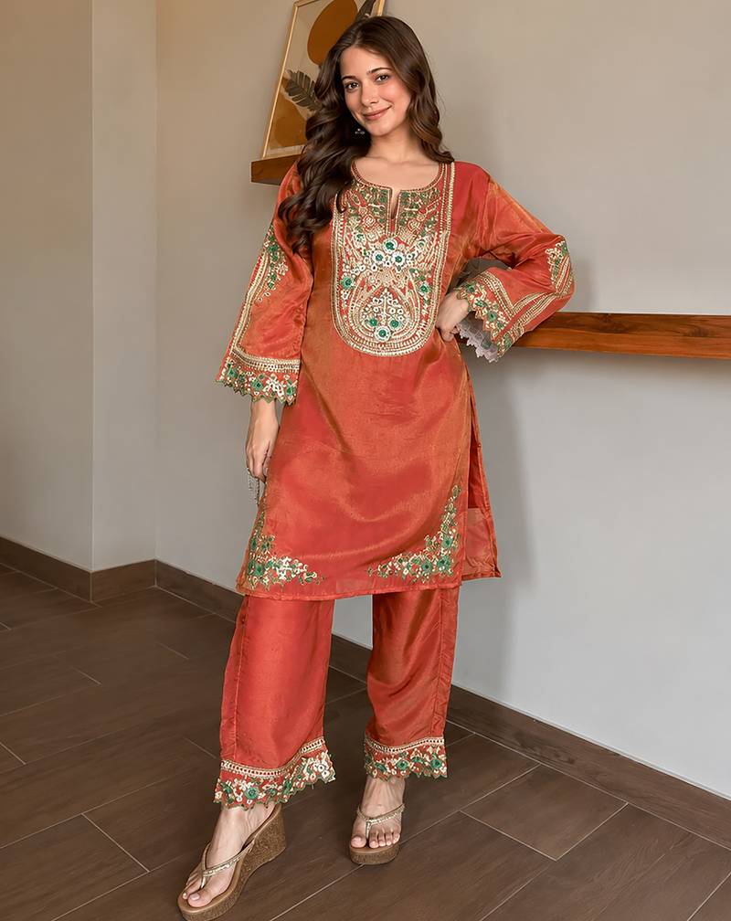 women's shimmer silk embroidered kurta palazzo set