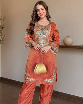 women's shimmer silk embroidered kurta palazzo set 2