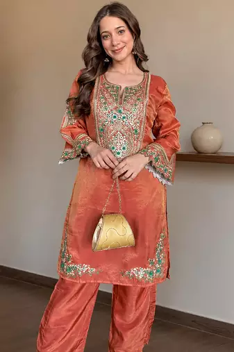 women's shimmer silk embroidered kurta palazzo set
