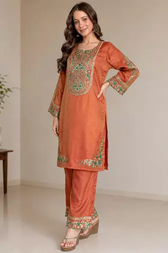 women's shimmer silk embroidered kurta palazzo set
