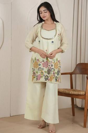 women's silk embroidered kurta palazzo set