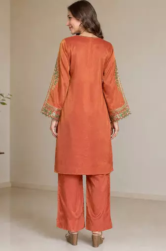 women's shimmer silk embroidered kurta palazzo set