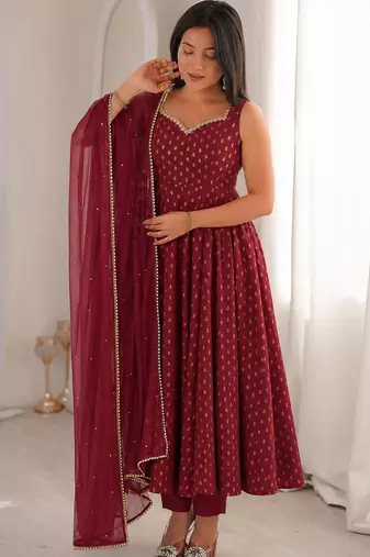 women's chanderi woven butta motiff anarkali kurta pant with dupatta set
