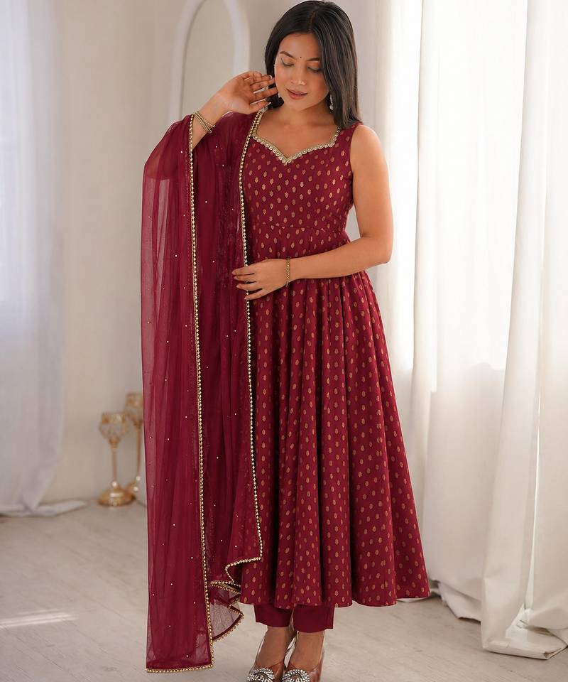women's chanderi woven butta motiff anarkali kurta pant with dupatta set