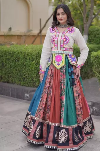 Designer Cotton Printed Lehenga Choli with Real Mirror Gota Lace & Kutchi Gamthi Work - full stitched free size 