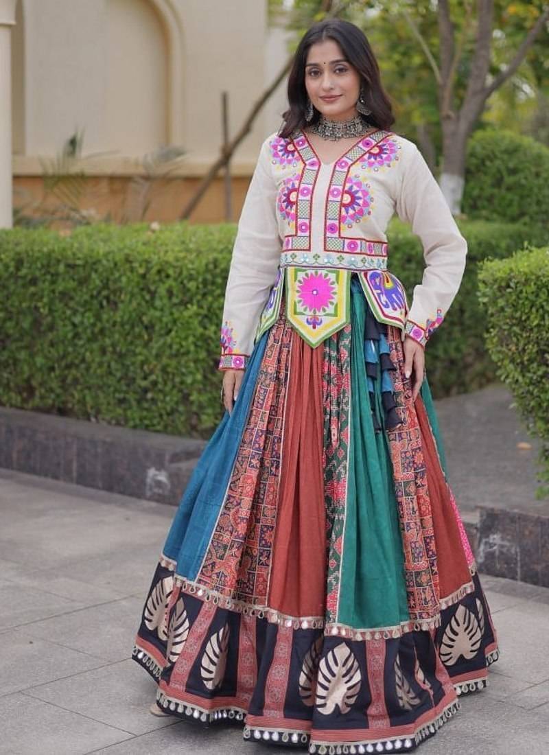 Designer Cotton Printed Lehenga Choli with Real Mirror Gota Lace & Kutchi Gamthi Work - full stitched free size 