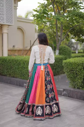 Designer Cotton Printed Lehenga Choli with Real Mirror Gota Lace & Kutchi Gamthi Work - full stitched free size 