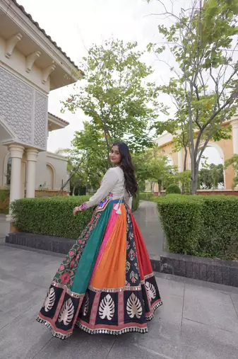 Designer Cotton Printed Lehenga Choli with Real Mirror Gota Lace & Kutchi Gamthi Work - full stitched free size 