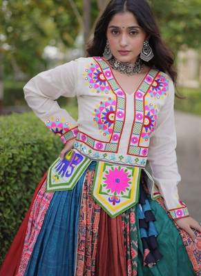 Designer Cotton Printed Lehenga Choli with Real Mirror Gota Lace & Kutchi Gamthi Work - full stitched free size  4