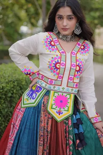 Designer Cotton Printed Lehenga Choli with Real Mirror Gota Lace & Kutchi Gamthi Work - full stitched free size 