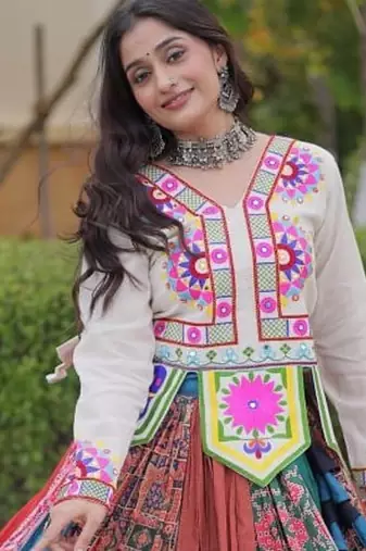 Designer Cotton Printed Lehenga Choli with Real Mirror Gota Lace & Kutchi Gamthi Work - full stitched free size 